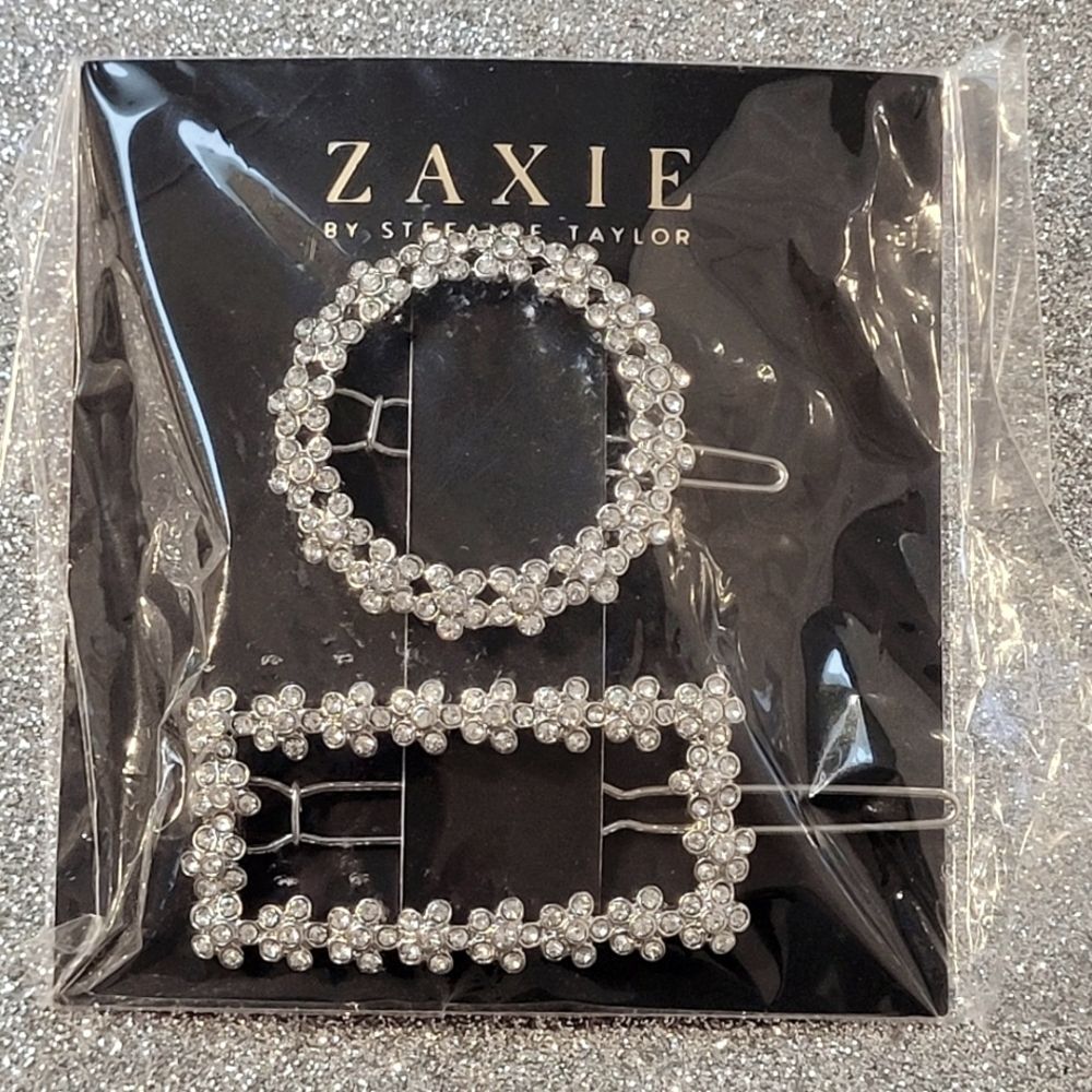 Zaxie Circle and Square Hair Clips Set of 2 Clear Stones in Floral Design New